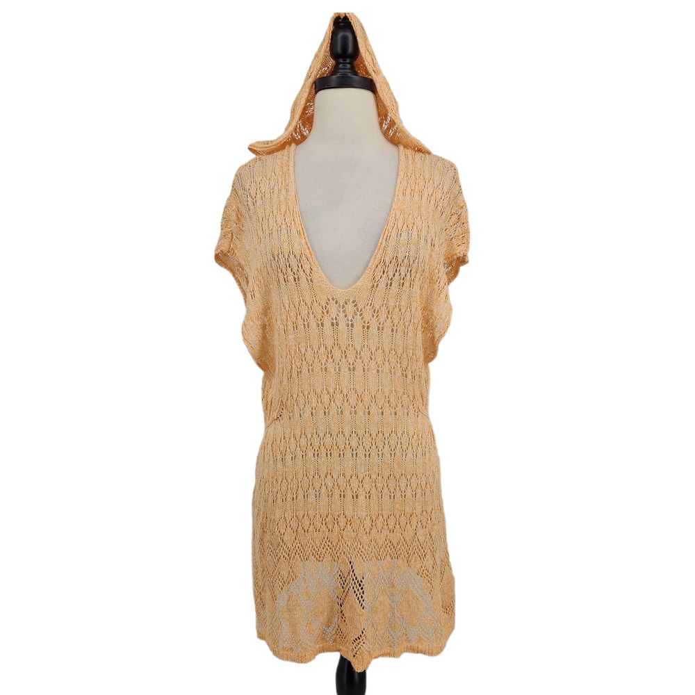 Anthropologie Linen Blend Open Knit See Through Hooded Top